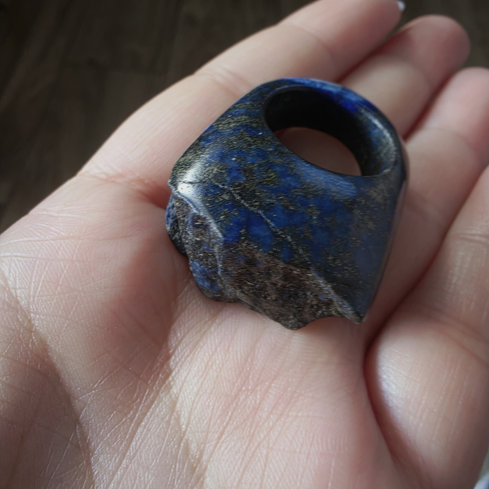 Carved Lapis Lazuli Chunky Band Ring Real Stone Pyrite Inclusions Size 7 - Picture 9 of 15